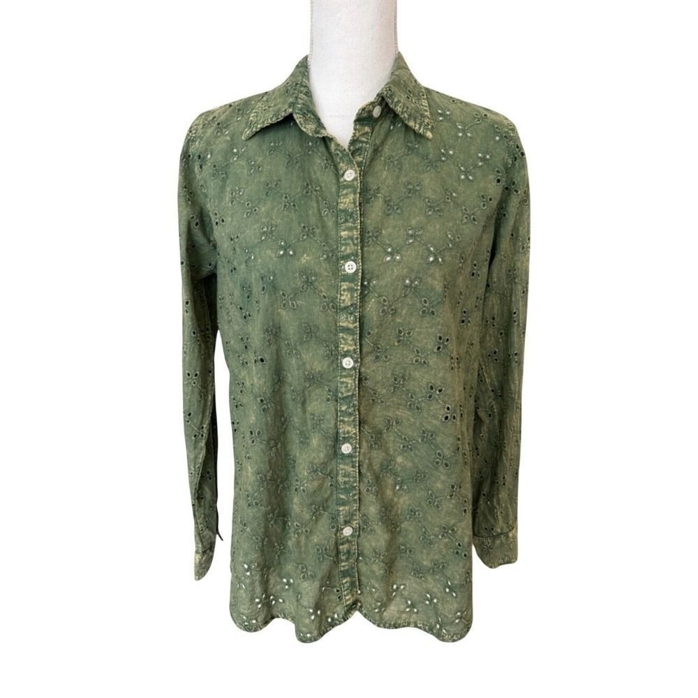 The Nu Vintage Olive Embroidered Eyelet Button-Down Shirt Women Small NWT